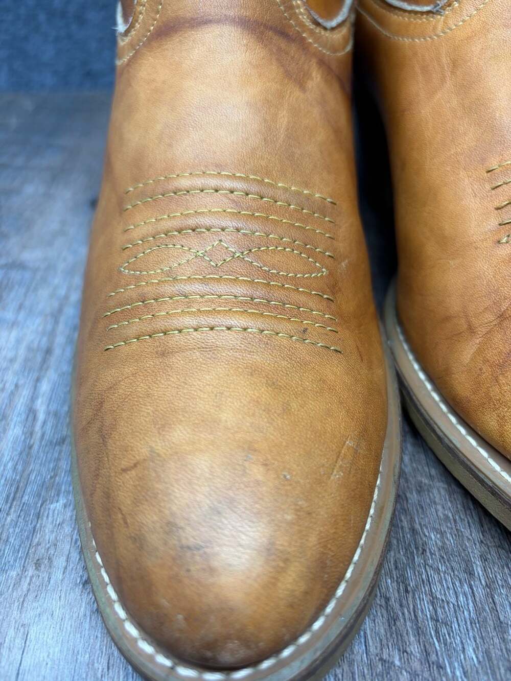 Vintage Acme Cowboy Western Mens 10 D Boots Tan Brown marbled leather USA MADE - Picture 4 of 16